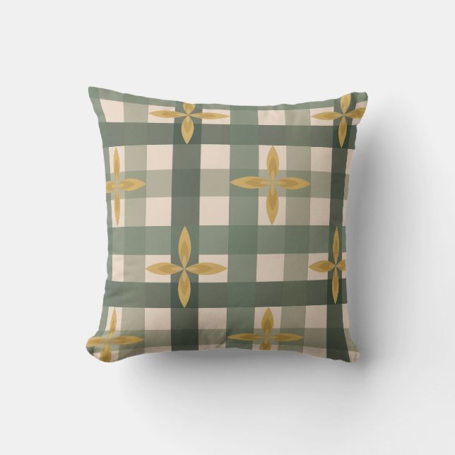 Grön Gingham & blad kastkudde  Kudde (Framsida)