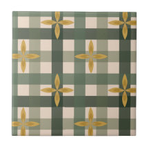 Grön Gingham & Blad Keramisk Platta