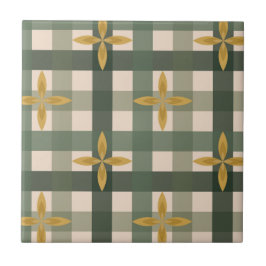 Grön Gingham & Blad Keramisk Platta Kakelplatta