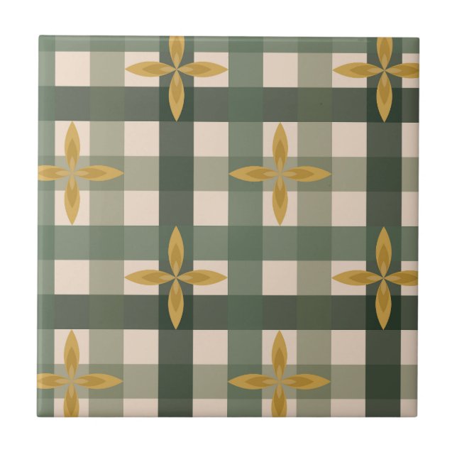 Grön Gingham & Blad Keramisk Platta Kakelplatta (Framsidan)