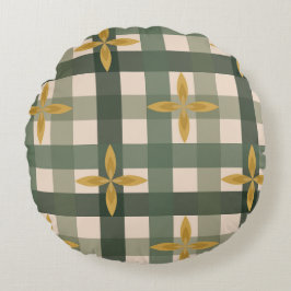 Grön Gingham & blad rund kudde