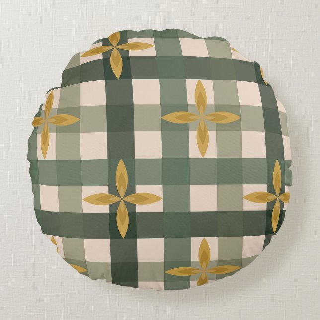 Grön Gingham & blad rund kudde  (Framsidan)