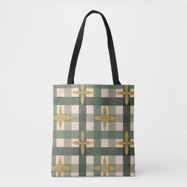 Grön Gingham & Blad Shoppingbag Tygkasse (Framsida)