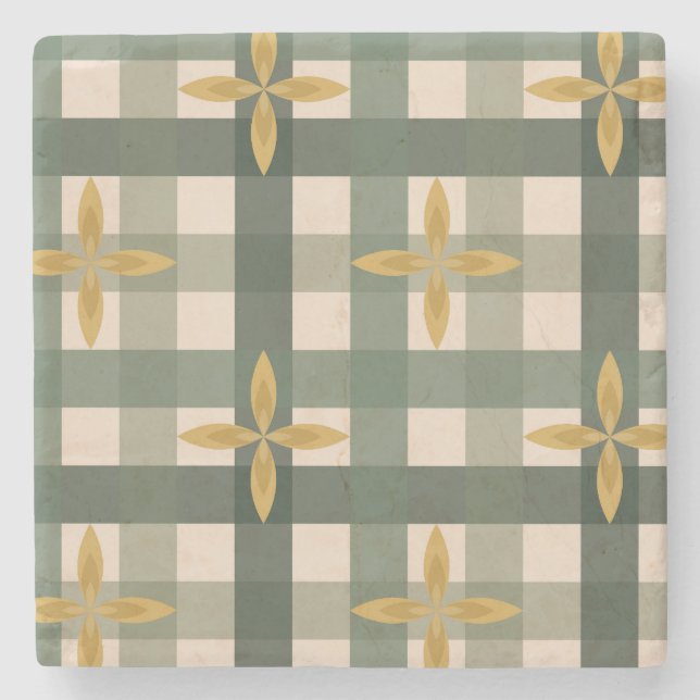 Grön Gingham & blad Stencoaster  Stenunderlägg (Framsidan)