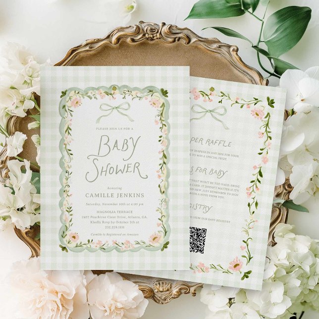 Grön Gingham Blommig Allt-i-ett Bebisfest Inbjudningar (Green Gingham and Bow Floral Baby Shower Invitation)