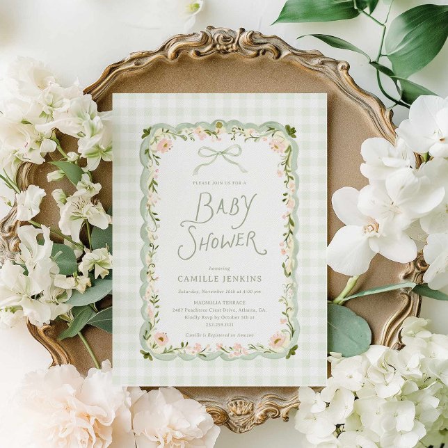 Grön Gingham Blommig Bebis Shower Inbjudan (Elegant Sage Green Gingham Baby Shower Invitation)