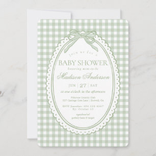 Grön Gingham Coquette Bow Baby Shower Inbjudningar