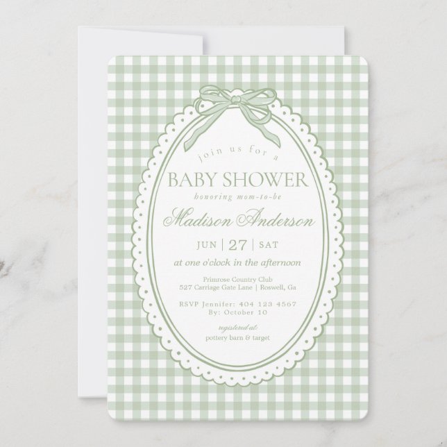 Grön Gingham Coquette Bow Baby Shower Inbjudningar (Framsida)