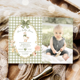 Grön Gingham En Dumma Gås 1-års Födelsedagsfoto Inbjudningar