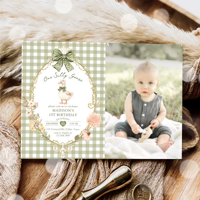 Grön Gingham En Dumma Gås 1-års Födelsedagsfoto Inbjudningar (Skapare uppladdad)