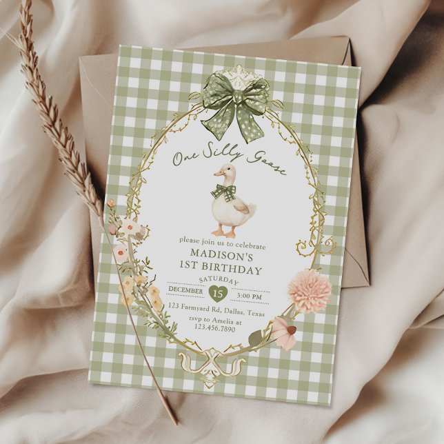 Grön Gingham En Dumma Gås 1-årsdag Inbjudningar (Skapare uppladdad)