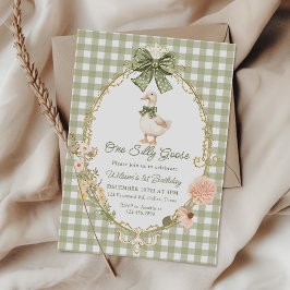 Grön Gingham En Dumma Gås 1-årsdag Inbjudningar