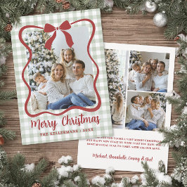 Grön Gingham Familjefoto Jul Julkort