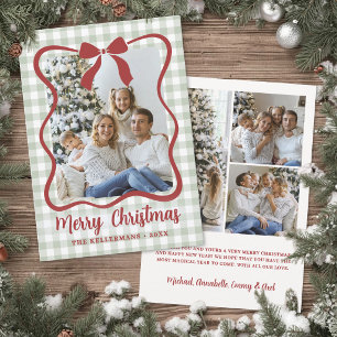 Grön Gingham Familjefoto Jul Julkort