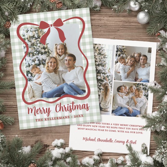 Grön Gingham Familjefoto Jul Julkort (Green Gingham Family Photo Christmas Holiday Card)