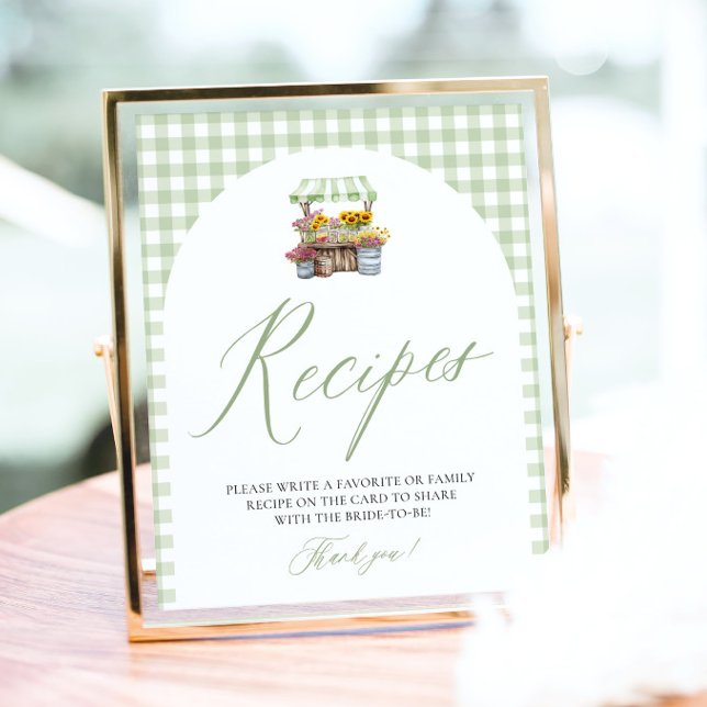 Grön Gingham Färsk Från Marknadens Recept Dusch Poster (Sage Green Gingham Fresh Off The Market Bridal Shower Recipes Sign)