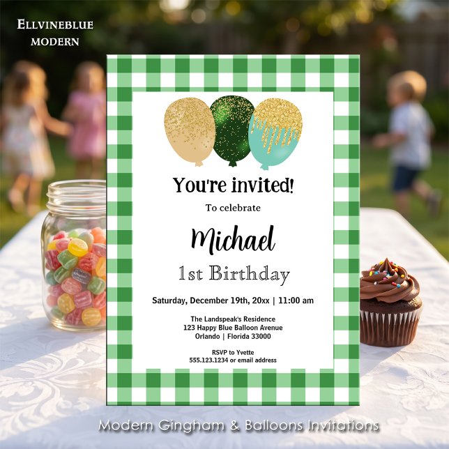 Grön Gingham, Födelsedagsballonger 1-årsdag Inbjudningar (Green gingham balloon invitations! For 1st Birthday or any birthday. Size 5” x 7”.)