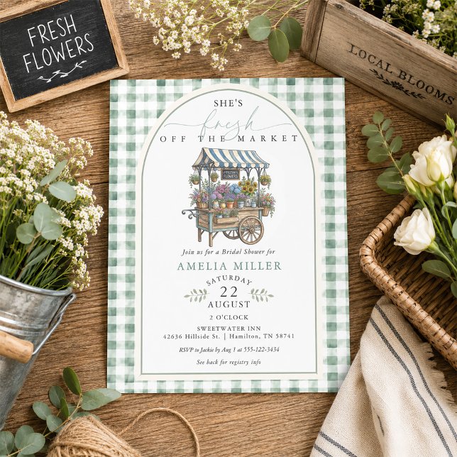 Grön Gingham Fresh Off The Market Bröllopsfest Inbjudningar (Green Gingham Fresh Off The Market Bridal Shower Invitation)