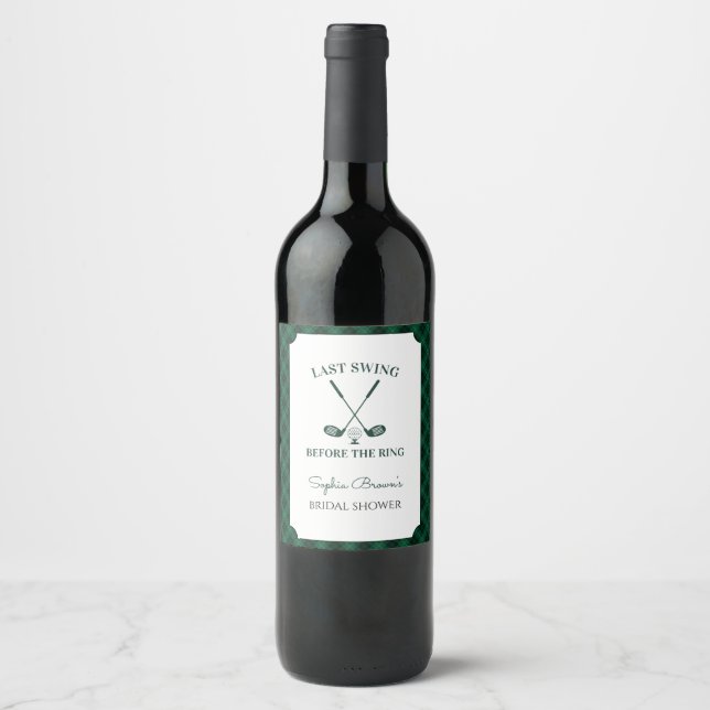 Grön Gingham Golf Bröllopsdusch Vinflaska Etikett (Framsida)