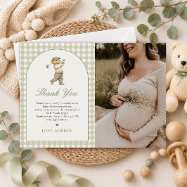 Grön Gingham Golf Pojke Baby Shower Foto Tack Kort