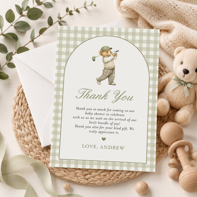 Grön Gingham Golf Pojke Baby Shower Tack Kort (Skapare uppladdad)