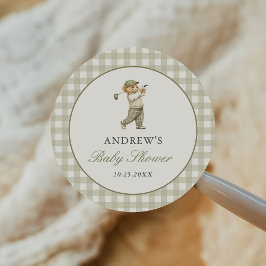 Grön Gingham Golf Pojke Bebis Shower Runt Klistermärke