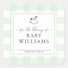 Grön Gingham Gunghäst Bibliotek För Bokmärke Fyrkantigt Klistermärke