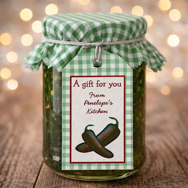 Grön Gingham Hemlagad Jalapeno Gelé Hängande Märke Presentetikett (Dress up your gift jars.  Find matching gingham fabric in my shop!)