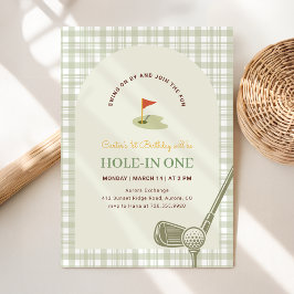 Grön Gingham Hole in One Golf Första Födelsedag Inbjudningar