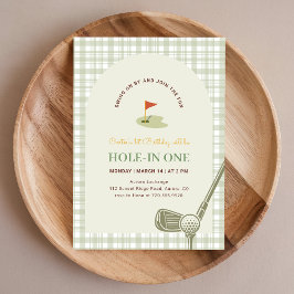 Grön Gingham Hole in One Kids Golf Första Födelsed Inbjudningar