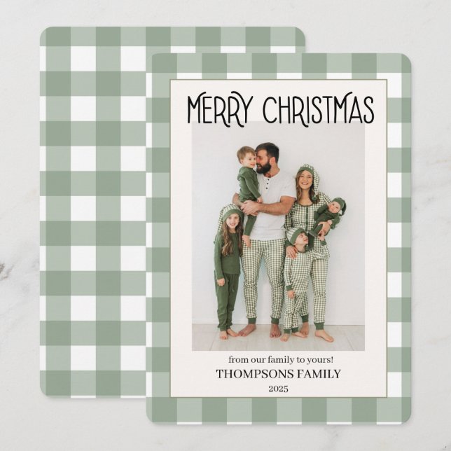 Grön Gingham Jul Familjefotokort Julkort (Fram/baksida)