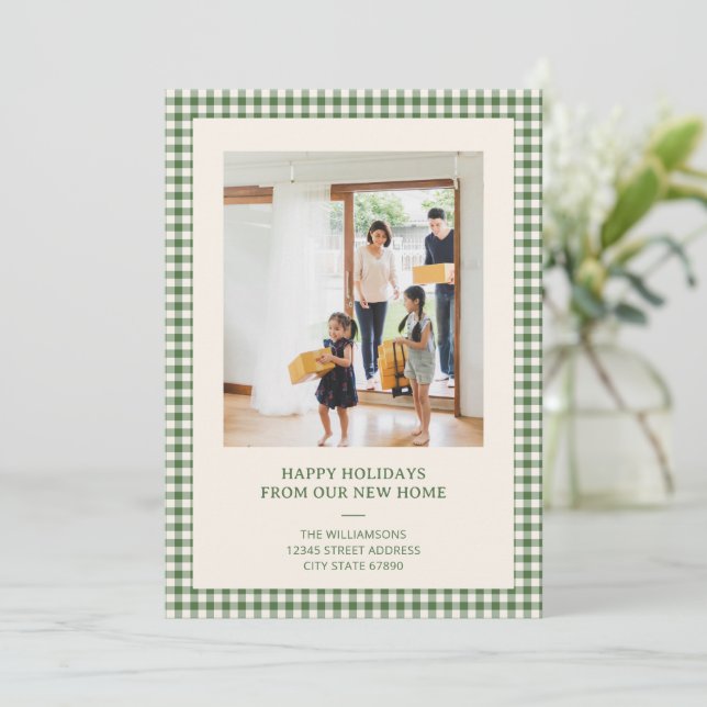 Grön Gingham Jul Holiday Foto Ny Adress Julkort (Stående Fram)