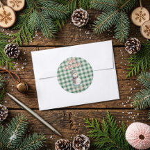 Grön Gingham Jul Kuvert Klistermärke | Snöman