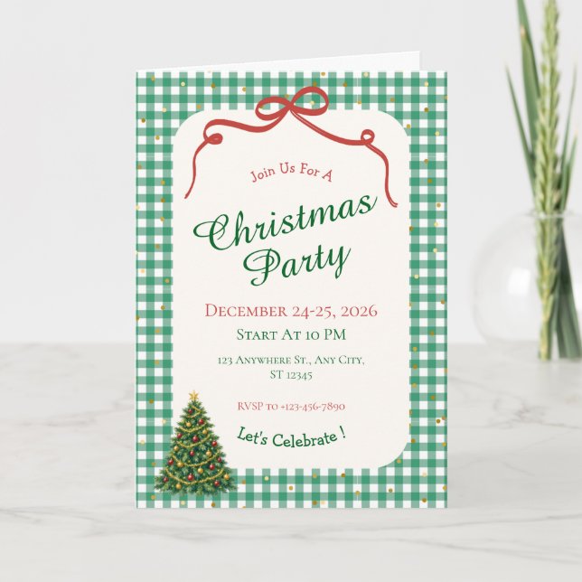 Grön Gingham Julfest Vikbar Julkort Kort (Framsida)