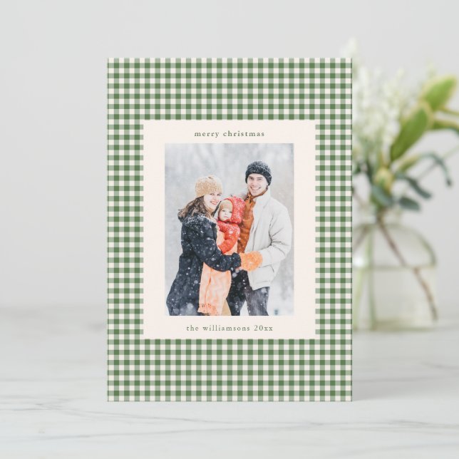 Grön Gingham Karo Jul Familjefoto Julkort (Stående Fram)
