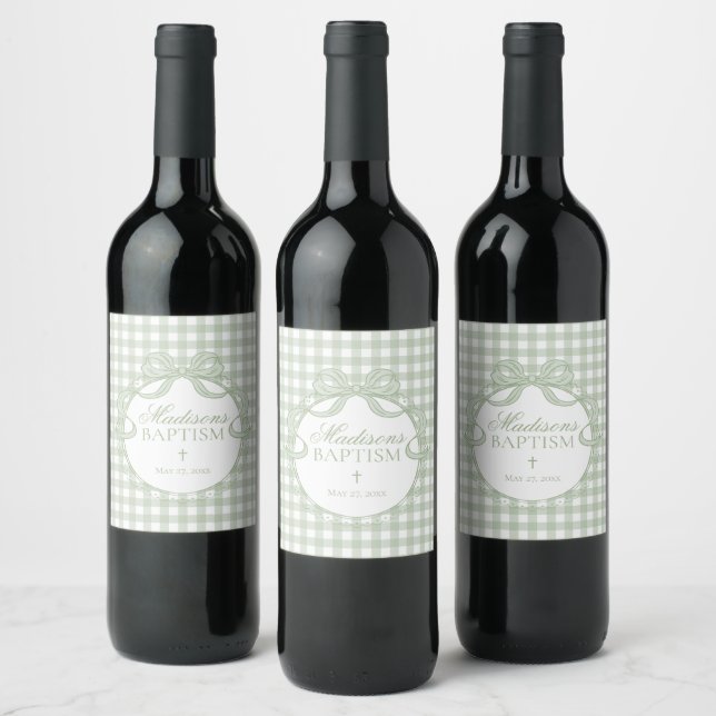Grön Gingham Kokett Slöja Dop Vinflaska Etikett (Flaskor)