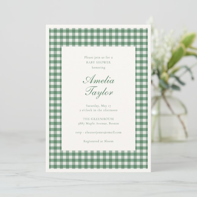 Grön Gingham Kryssruta Klassisk Förberedande Babyf Inbjudningar (Stående Fram)