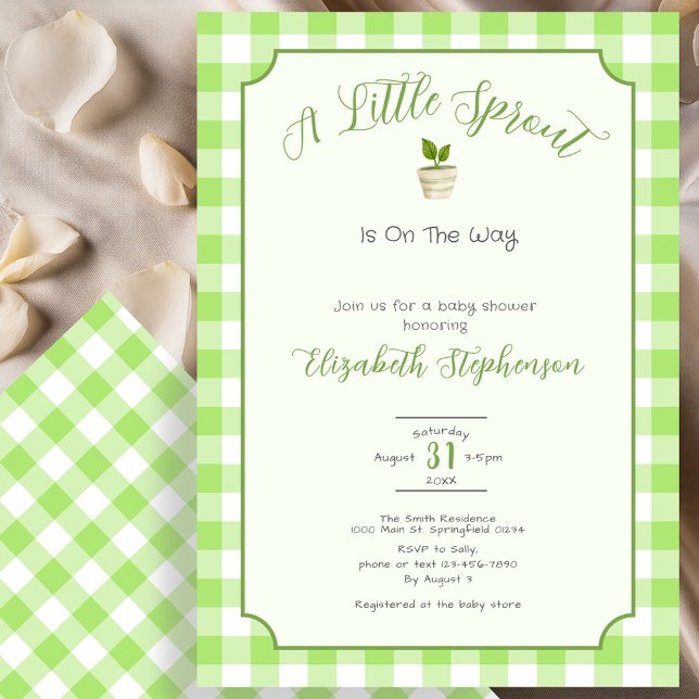Grön Gingham Little Sprout Baby Shower-fest Inbjudningar (Skapare uppladdad)