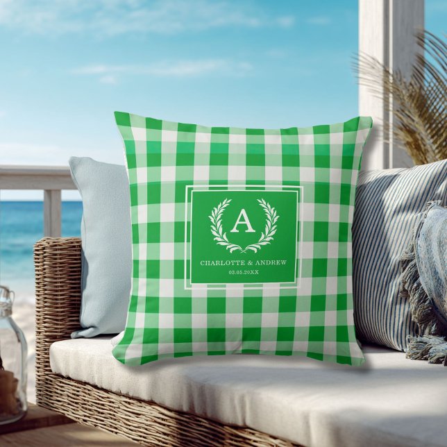 Grön Gingham Monogram Crest Kudde (Green Gingham Monogram Crest Throw Pillow)