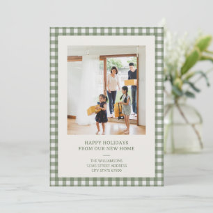 Grön Gingham Ny Hem Fotokort Jul Familj Julkort
