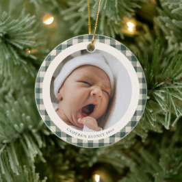 Grön Gingham Nyfödd Julfoto Minne Julgransprydnad Keramik