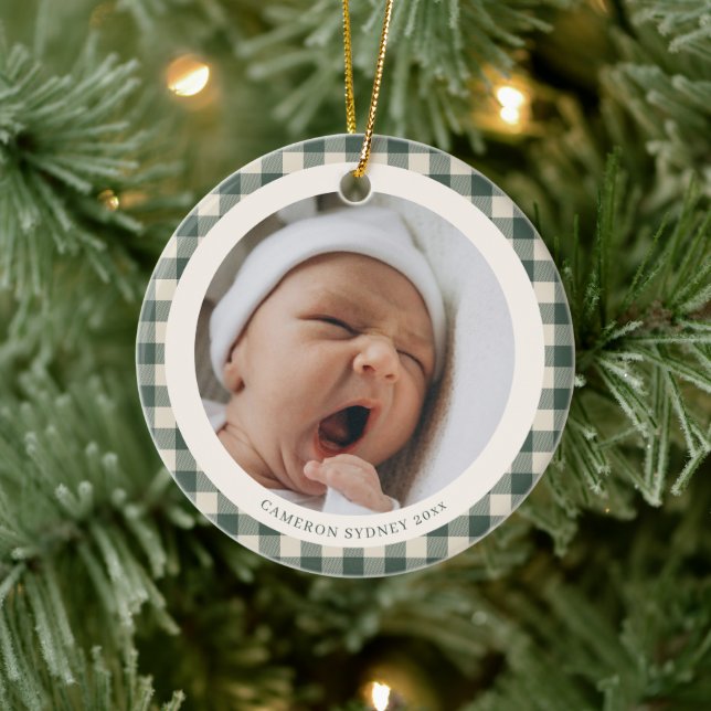 Grön Gingham Nyfödd Julfoto Minne Julgransprydnad Keramik (Träd)