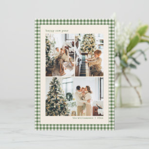 Grön Gingham Plaid Gott Nytt År Familjefoto Julkort