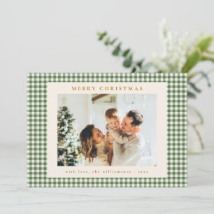 Grön Gingham Plaid Guld Jul Foto Brev Julkort