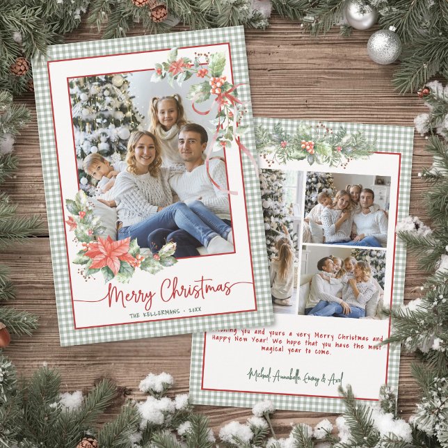 Grön Gingham Plaid Julbild God Jul Julkort (Green Gingham Plaid Photo Merry Christmas Holiday Card)