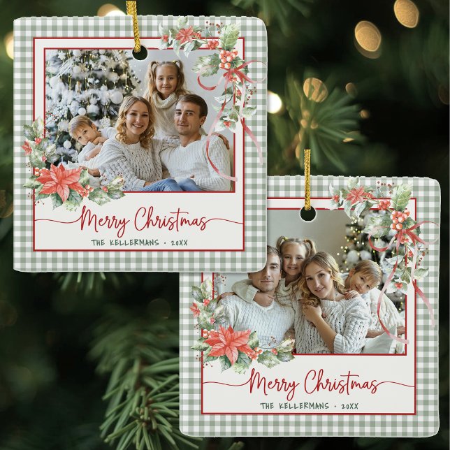 Grön Gingham Plaid Julfot Merry Christmas Julgransprydnad Keramik (Green Gingham Plaid Photo Merry Christmas Ceramic Ornament )