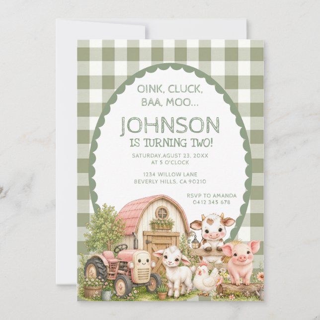 Grön Gingham Pojke Barnyard Födelsedagsfest Djur Inbjudningar (Framsida)