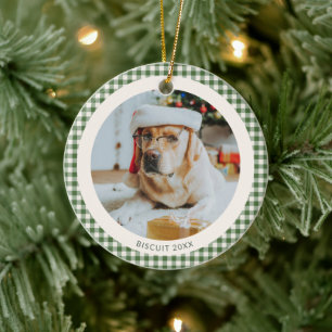 Grön Gingham Rutig Anpassad Hund Djur Foto Jul Julgransprydnad Keramik
