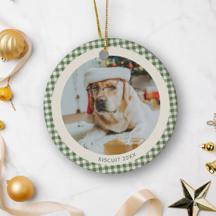 Grön Gingham Rutig Anpassad Hund Djur Foto Jul Julgransprydnad Keramik