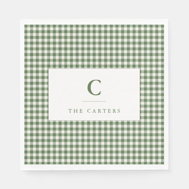 Grön Gingham Rutig Familjenamn Monogram Initial Pappersservett (Framsidan)